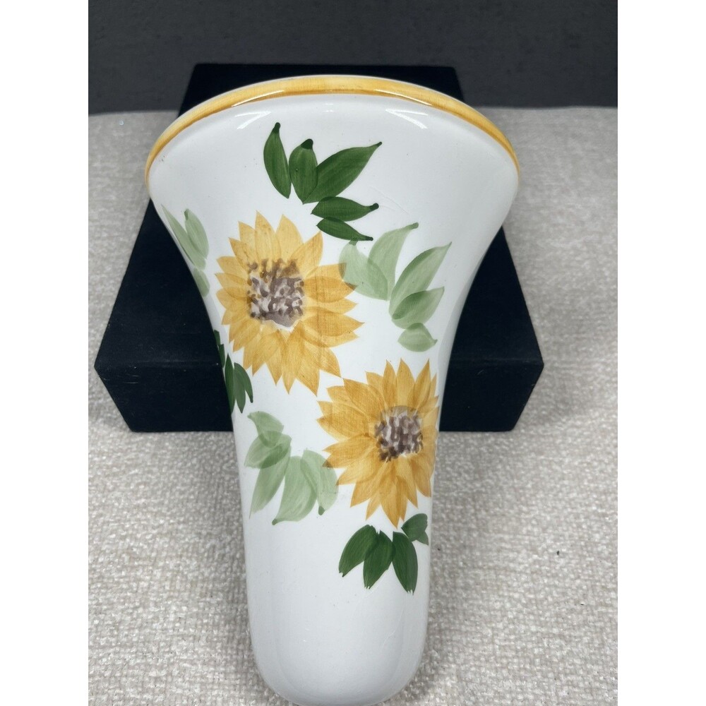 Vintage Sunflower Ceramic 9" Hanging Wall Pocket Vase Handpainted Flared Horn